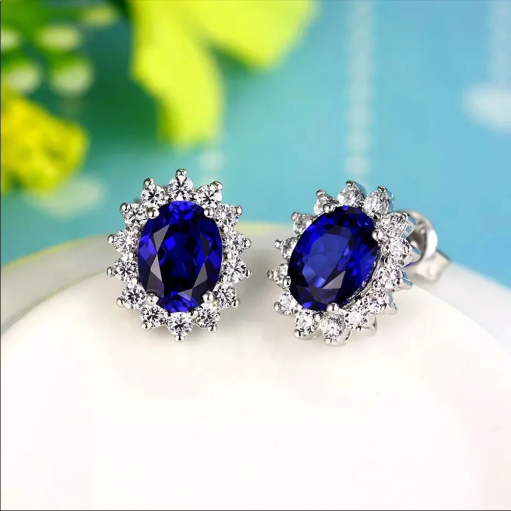 New Women’s 925 Silver Beautiful Anniversary Sapphire Stud Earrings - Picture 1 of 2